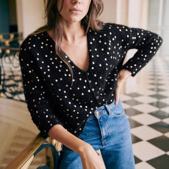 Sezane Sweaters - NWT Sezane Lizy Cardigan Small Black Gold Polka Dot French Wool Causal